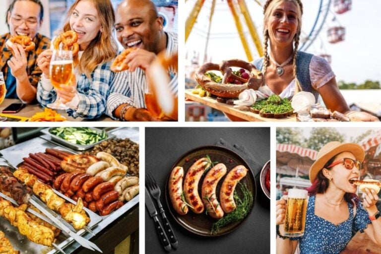 Plusieurs plats typiques allemands et des gens en train de manger.