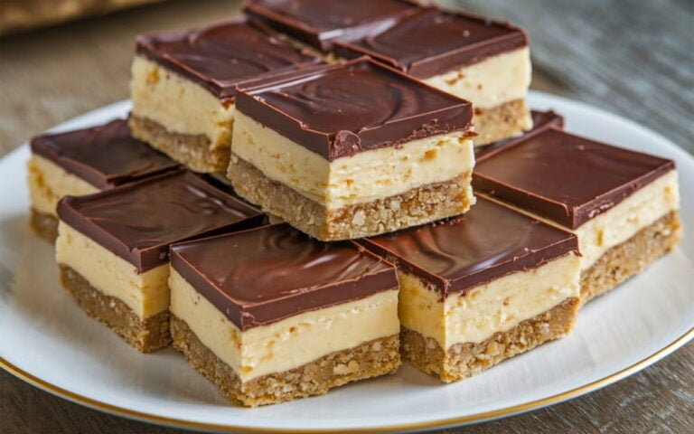 Pile de barres Nanaimo, un dessert canadien irrésistible aux trois couches de biscuit, crème et chocolat.