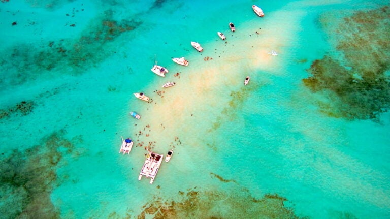 Bateaux et catamarans ancrés autour d'un banc de sable turquoise pour des activités nautiques au Kenya.