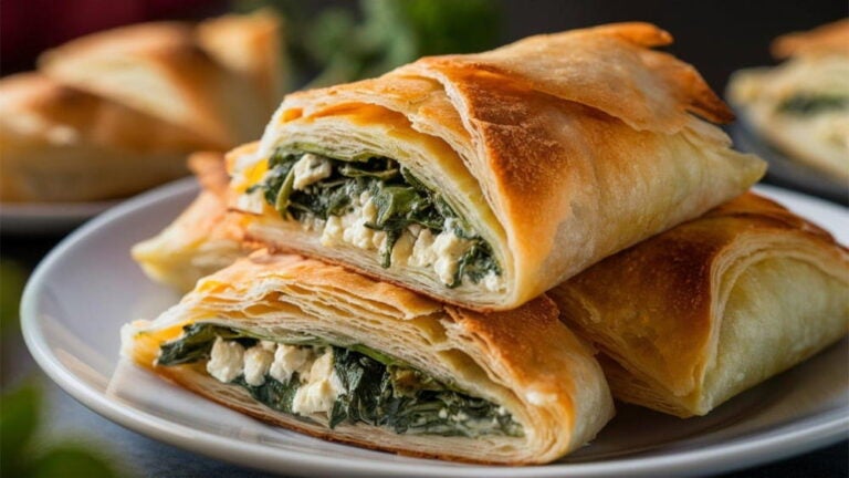 La spanakopita est une célèbre tarte salée croustillante issue de la cuisine traditionnelle grecque, à base de pâte filo, d'épinards et de feta.