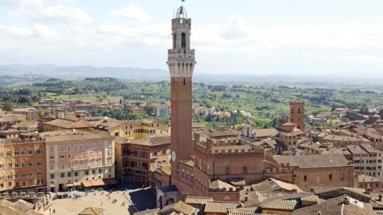 Vue aérienne de la Piazza del Campo en forme de coquillage et de la haute Torre del Mangia, entourées de toits en terre cuite, à Sienne, en Italie