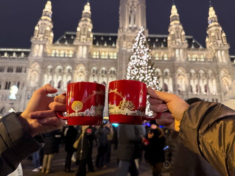 Deux personnes trinquant avec des tasses rouges de vin chaud devant l'Hôtel de Ville illuminé de Vienne