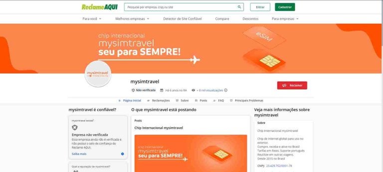 A página da Mysimtravel no site Reclame Aqui não tem nota de avaliação.