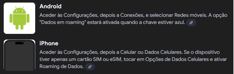 ativação de roaming num telemóvel