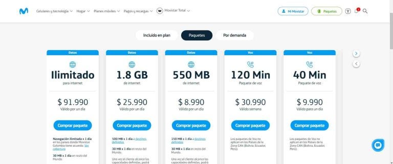 Preços de roaming do pós-pago da Movistar
