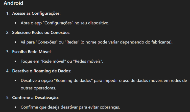 desativação do roaming num Android