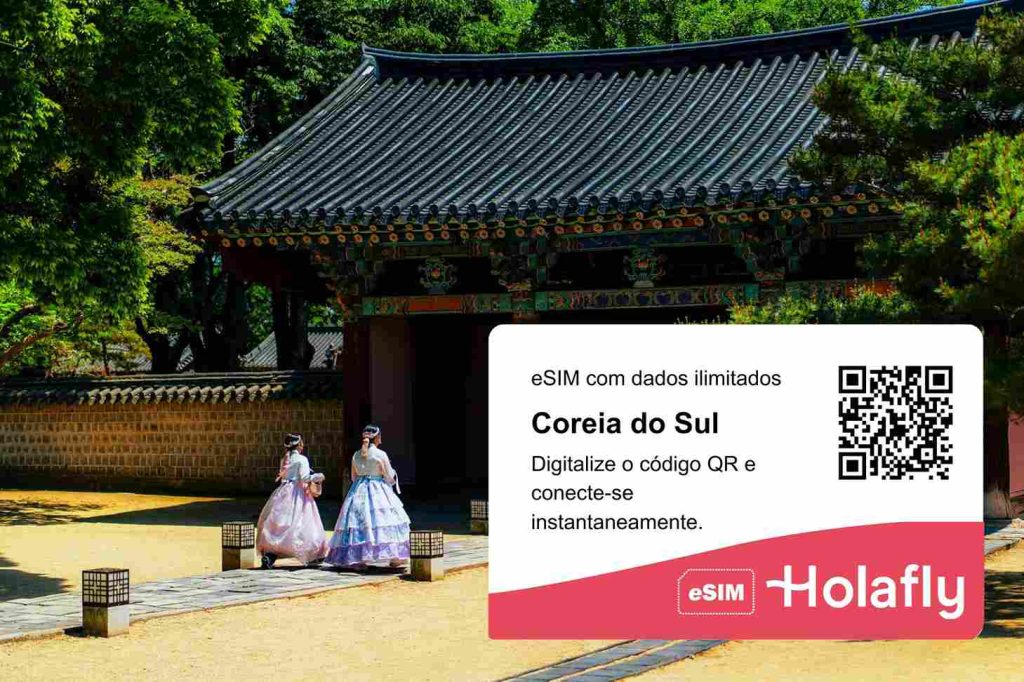 duas coreanas chegando em um templo budista na Coreia do Sul, com um QR code de compra.