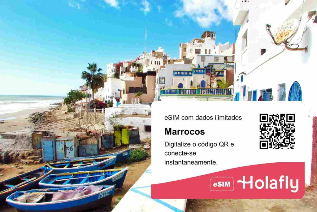 uma imagem do litoral marroquino com um QR code de compra