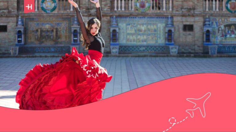 Mulher vestida de flamenca com saia vermelha dançando na Plaza de España, Sevilha.