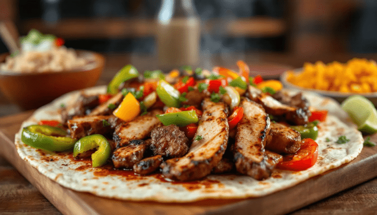A imagem mostra um prato de fajitas mexicanas, com tiras suculentas de carne de boi e carne suína, acompanhadas de pimentas coloridas, cebola grelhada e guacamole. As fajitas estão servidas em tortillas quentes, com um toque de suco de limão e pico de gallo ao lado, oferecendo uma explosão de sabores da culinária mexicana.
