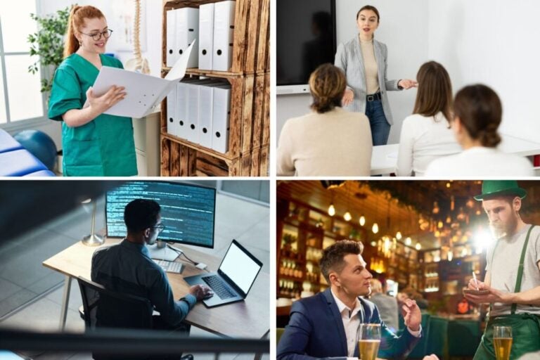 Uma enfermeira a consultar arquivos, uma professora a dar aula, um empregado de mesa com chapéu irlandês e um informático a trabalhar.