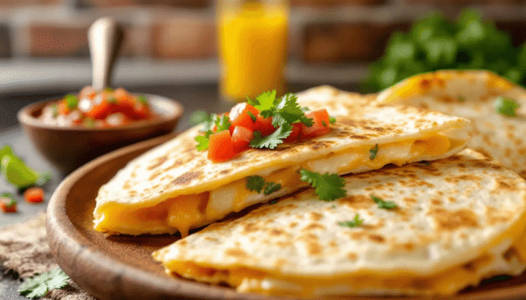 Uma porção de quesadillas mexicanas, feitas com tortilhas de farinha de trigo, recheadas com queijo derretido e carne suína, servidas com pico de gallo e sour cream ao lado. O prato exala os sabores da culinária mexicana, trazendo uma deliciosa combinação de ingredientes.