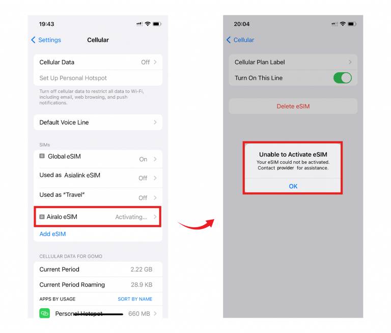 O iOS não consegue ativar mensagens com um Airalo eSIM.