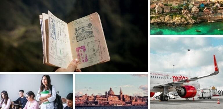 Como estudar em Malta sendo estrangeiro: visto de estudante, paisagens de Malta e estudantes numa sala de aula de uma universidade maltesa