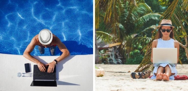 Trabalhadores remotos ou nómadas digitais a trabalhar na praia e na piscina