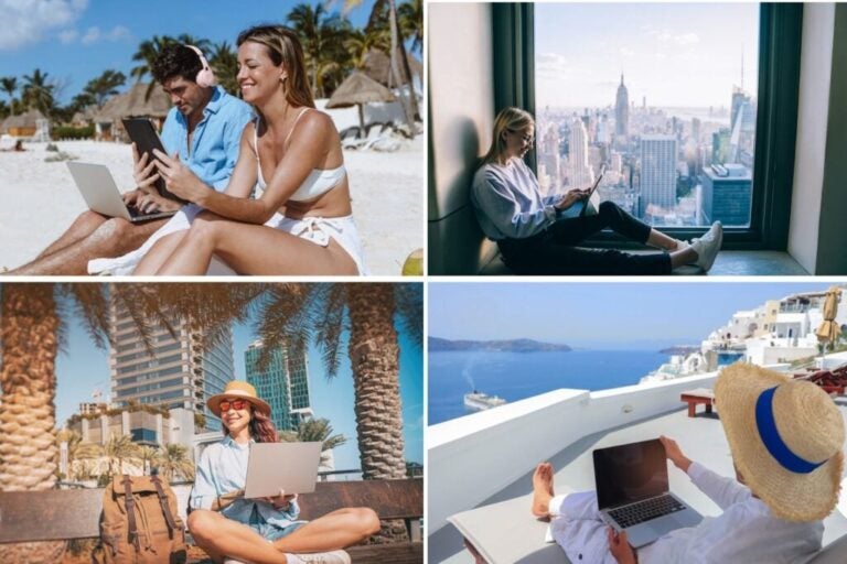 nómadas digitais em viagem, a trabalhar remotamente com um computador 