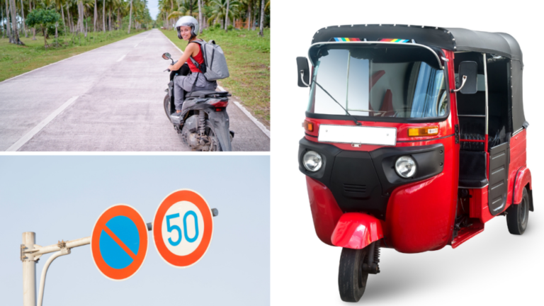 Um sinal de trânsito e outros veículos que podes conduzir no Sri Lanka, além do automóvel.