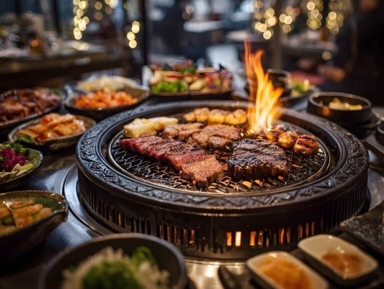 Um barbecue coreano premium combina cortes de altíssima qualidade grelhados na própria mesa com uma imersão cultural rica em acompanhamentos (banchans) e bebidas tradicionais.