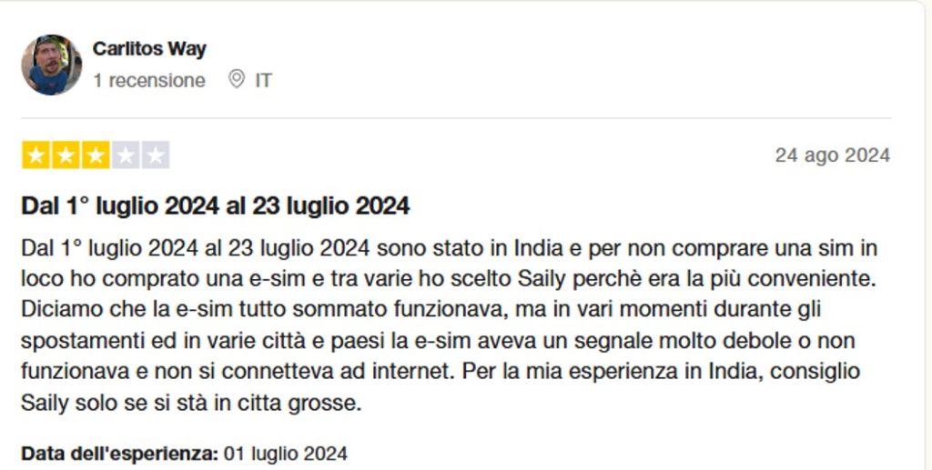 Recensioni della eSIM di Saily su Trustpilot