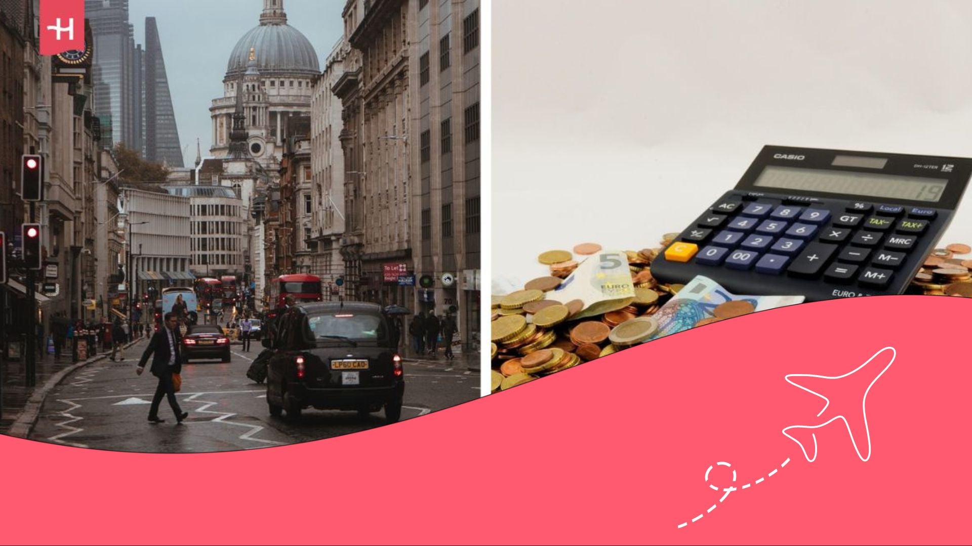 Strada di Londra e una calcolatrice con monete e banconote.