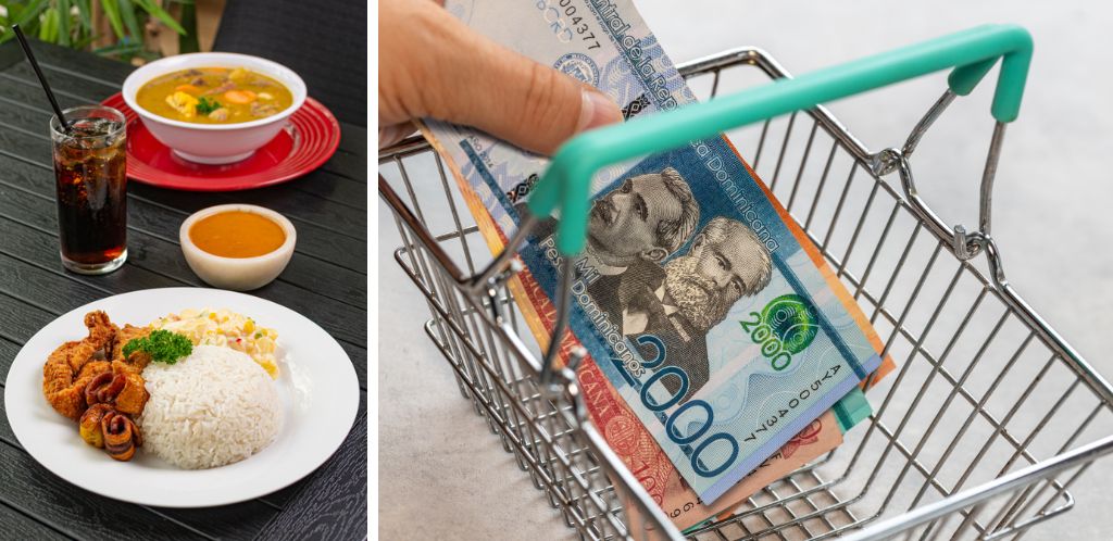 Costo della vita nella Repubblica Dominicana: pesos dominicani in un carrello della spesa e piatto tipico
