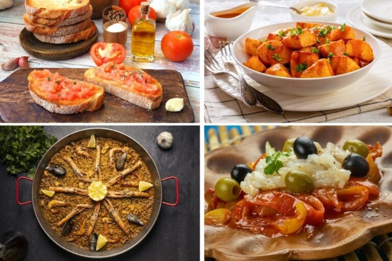 Paella valenciana, toast con pomodoro, esgarrat e patatas bravas.