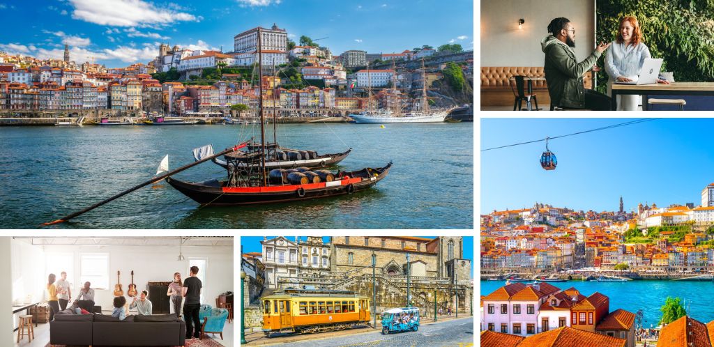Vista sul fiume Douro dalla Ribeira, Porto; nomadi digitali in salotto condiviso e area coworking di un coliving a Porto; tram e funivia a Porto