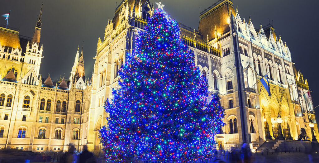 Albero di Natale davanti al palazzo del Parlamento, in piazza Kossuth, Budapest.