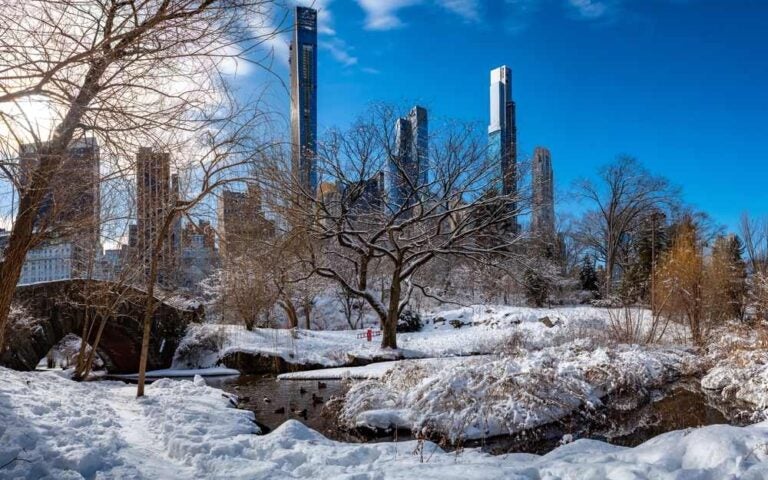 Mattinata soleggiata a Central Park, vista sul ponte di Gapstow in inverno, Central Park, New York City, Stati Uniti