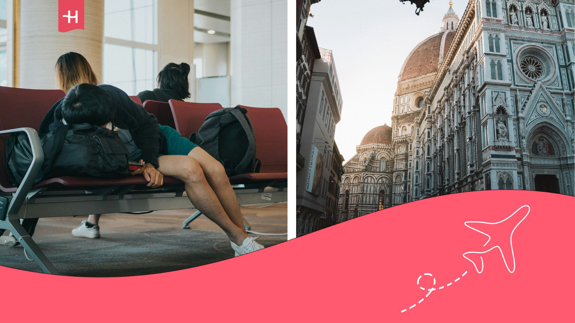 Città di Firenze e in un'altra immagine un ragazzo che dorme in un aeroporto.