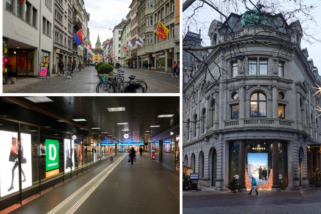 Strade della Svizzera con negozi e persone che passeggiano.