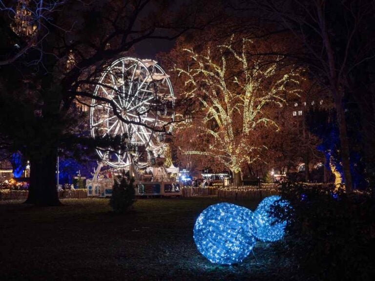 Una foto dei mercatini di Natale viennesi in Rathausplatz.