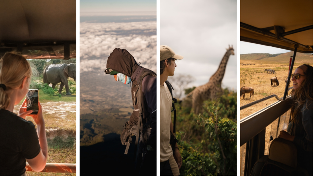 Assicurazioni di viaggio per safari in Tanzania. Nell'immagine avvistamento di elefanti, giraffe e altri animali.