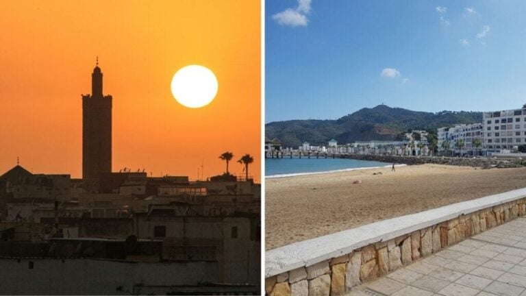 Città in cui vivere in Marocco. Nell'immagine: a sinistra un tramonto a Rabat, a destra M'diq, città costiera del Marocco.