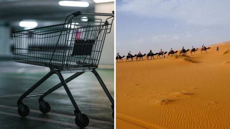 Spese mensili in Marocco. A sinistra un carrello della spesa, a destra un gruppo di turisti che attraversa il deserto di Merzouga a dorso di cammello. Fonte: Unsplash – Foto: James Watson e Duane Storey.