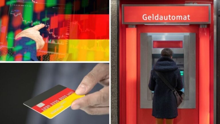 Carta bancaria tedesca e un giovane che preleva denaro presso un bancomat in Germania.