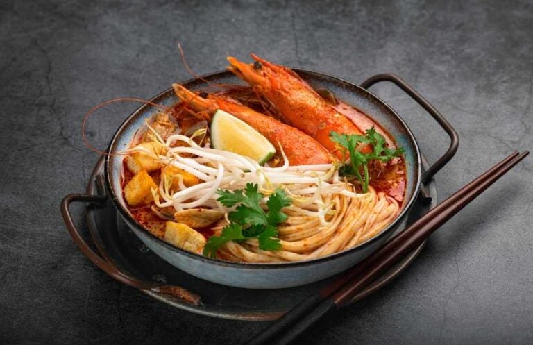 Laksa, zuppa di noodle malese con gamberetti, tofu e germogli, focus selettivo