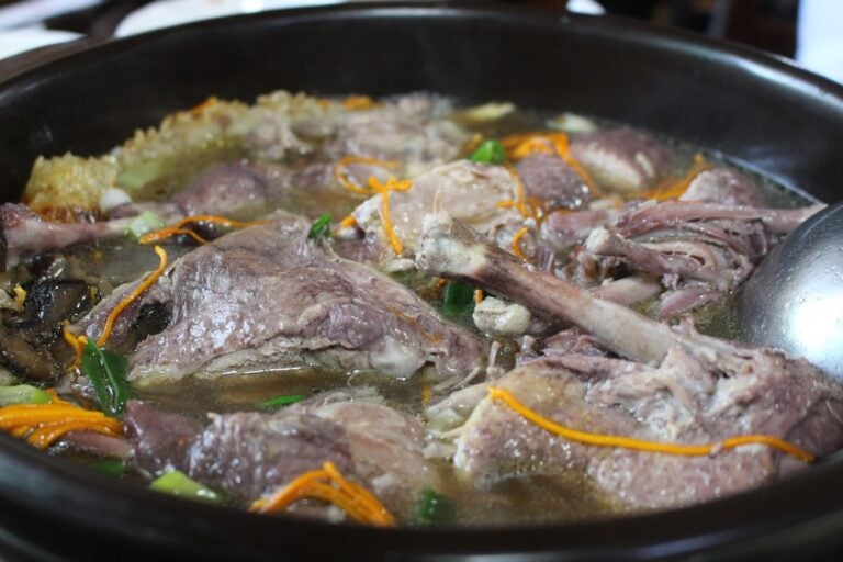 Anatra arrosto stufata in un brodo acidulo a base di manioca gialla fermentata.