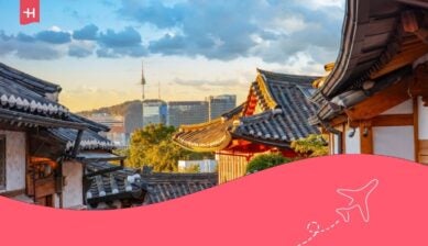 tramonto al villaggio di Bukchon Hanok, Seul, Corea del Sud