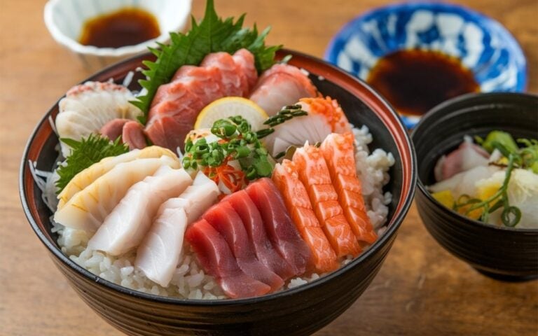Kaisendon: Una ciotola di frutti di mare, con riso sormontato da una varietà di pezzi di sashimi freschi e colorati.