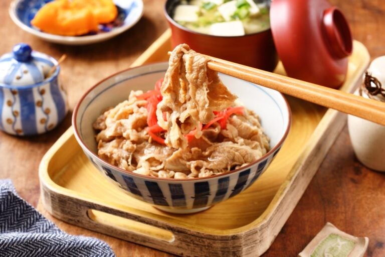 yudon: una ciotola di riso con fettine di manzo, cipolla e salsa dolce.