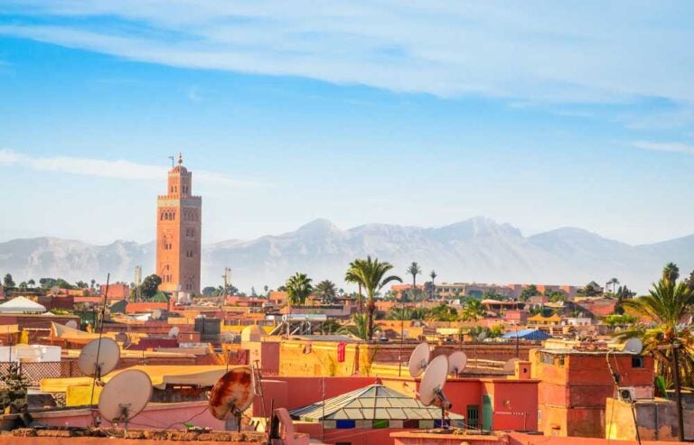 Vista panoramica di Marrakech e dell'antica medina, Marocco.
