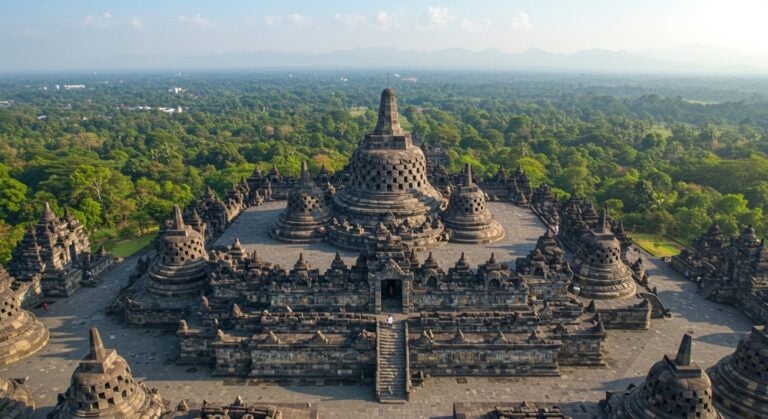 Vista aerea del tempio di Borobudur, il monumento buddista più grande del mondo.