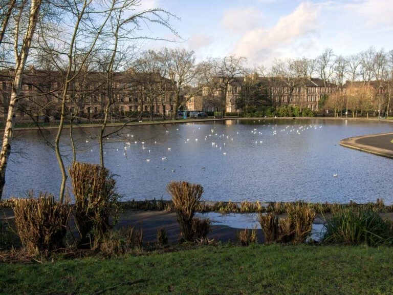 Pollockshaws Road e lo stagno di Queen's Park, Glasgow, Scozia.