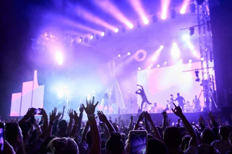 Sagome di una folla entusiasta a un festival musicale.