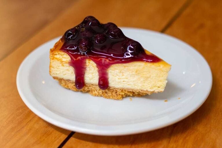 Cheesecake alla newyorkese con salsa ai mirtilli su un piatto bianco