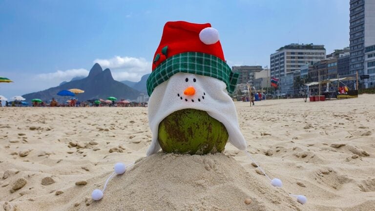 Noce di cocco con cappello natalizio sulla spiaggia di Ipanema, Rio de Janeiro.