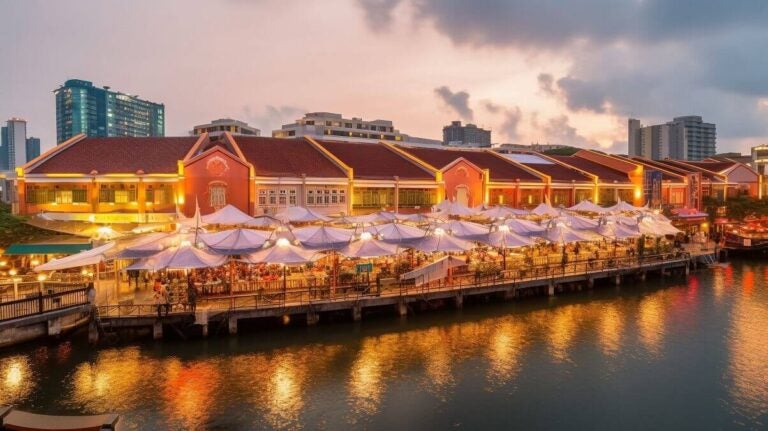 싱가포르 클락 키 강변에서 노을이 지는 가운데 반짝이는 조명 아래 활기찬 야외 레스토랑과 사람들