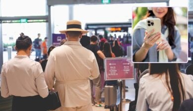 Split-frame image of travelers queuing at an airport terminal, with an inset showing a woman checking her smartphone.