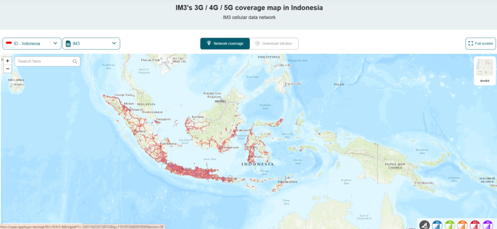 Kaart waarop de dekking van IM3 Indosat wordt afgebeeld